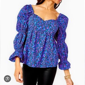 Lilly Pulitzer 14 Preslee Blue Purple Romantic Flare Puffy Floral Blouse Top
